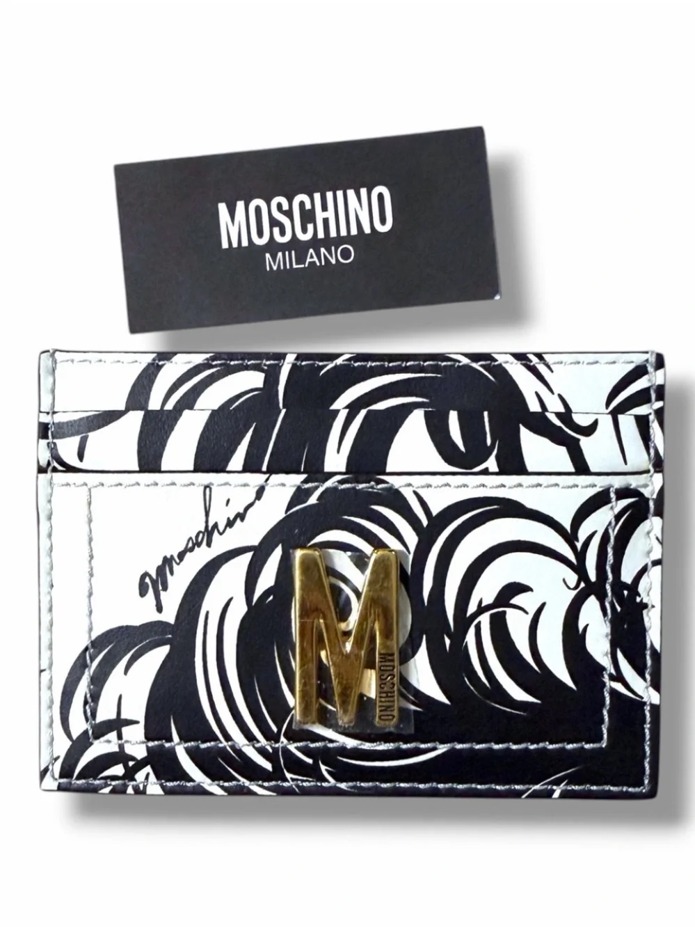 New Moschino Couture Black White Feather Print M Logo Leather Card Case Holder